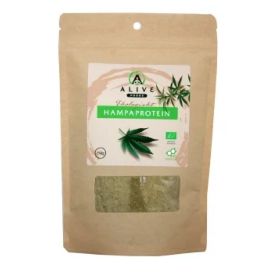 Alive Foods Raw Økologisk Hampaprotein i en gennemsigtig beholder med et grønligt pulver.