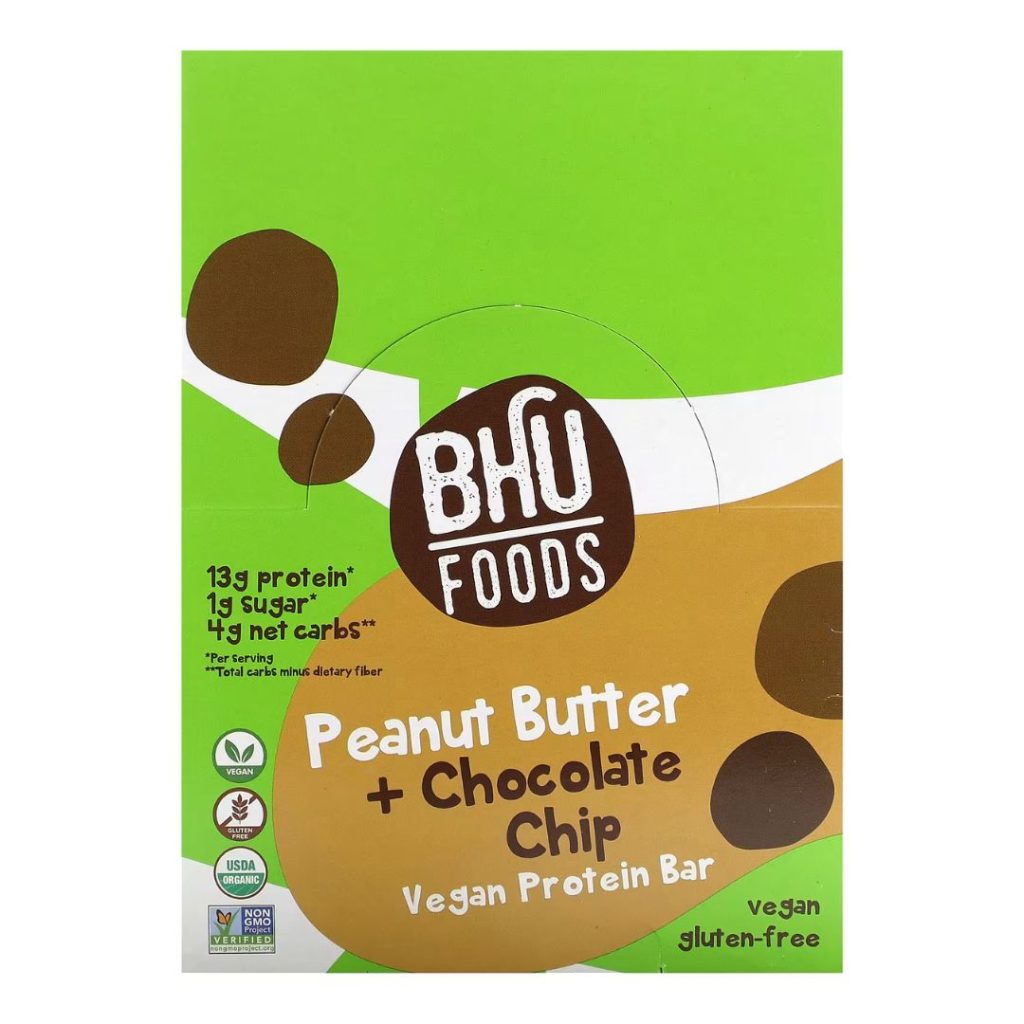 BHU Foods vegansk proteinbar med peanut butter og chokoladechips.
