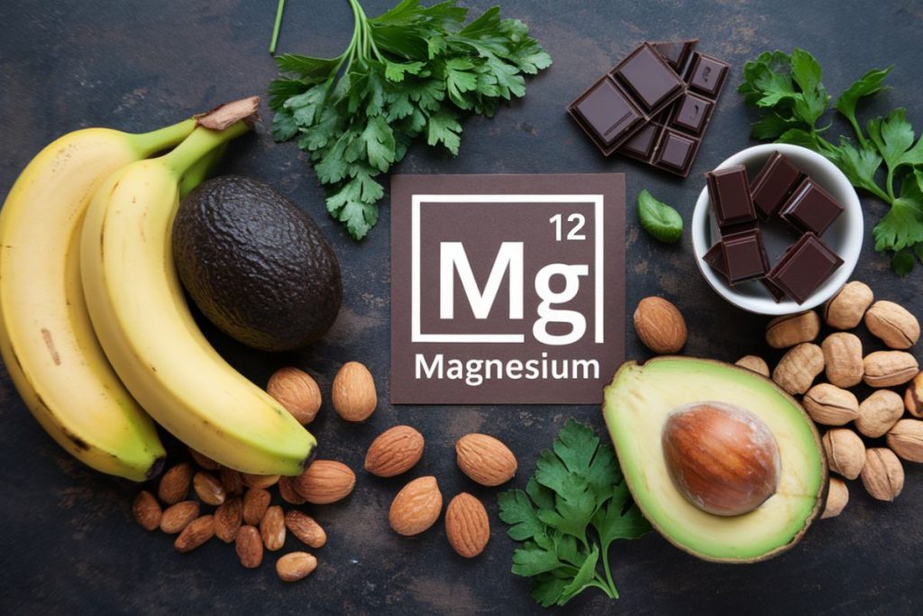 Fødevarer rige på magnesium, såsom bananer, avocado, nødder og mørk chokolade.