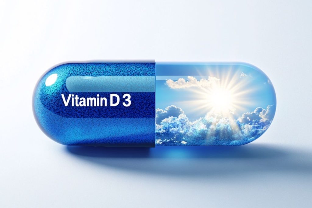 Blå vitamin D3-kapsel med sol og skyer.