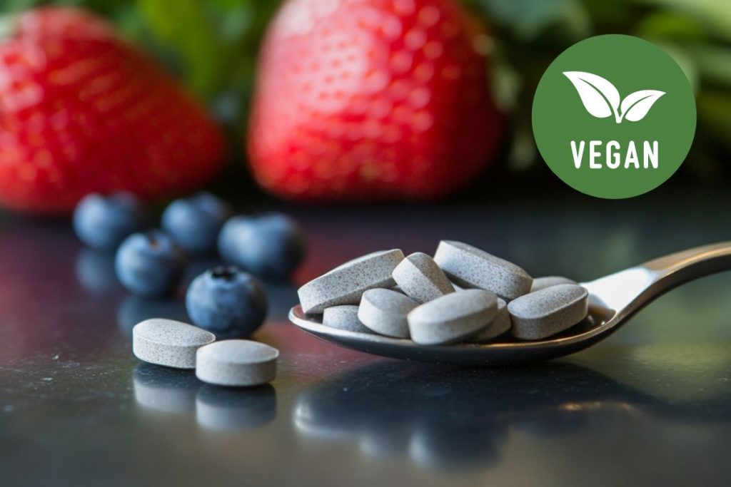 Veganske multivitamintabletter på en ske med bær i baggrunden.