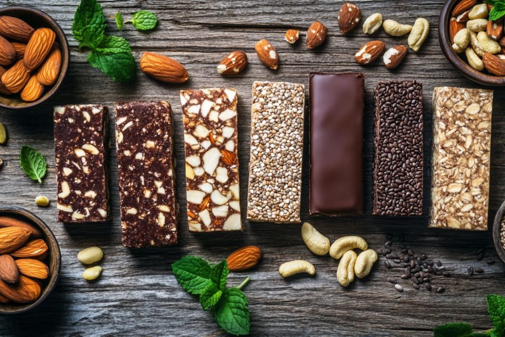Flere veganske proteinbarer i forskellige smagsvarianter, arrangeret på et træbord med nødder og mynteblade.