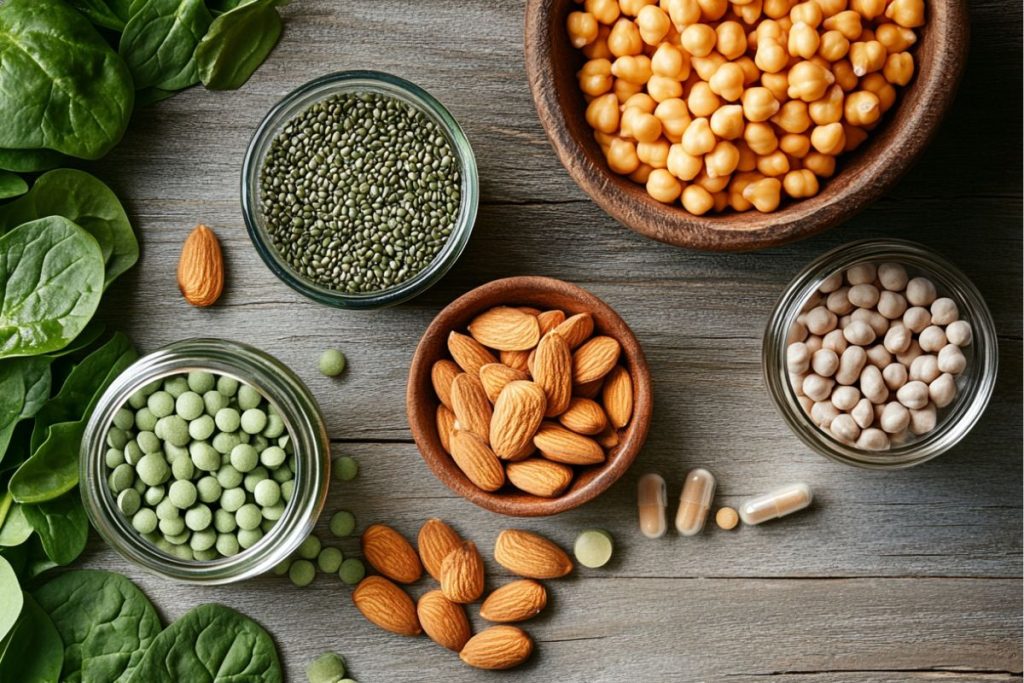 Forskellige veganske fødevarer og kosttilskud rige på zink, inklusive spinat, mandler, kikærter, og kosttilskudspiller.