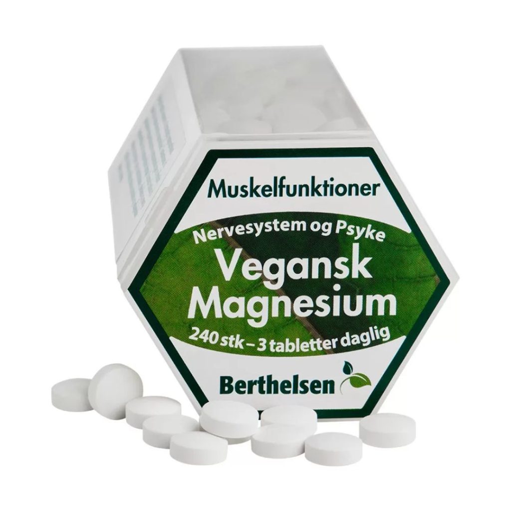 Beholder med Berthelsen Vegansk Magnesium kosttilskud, 240 tabletter.
