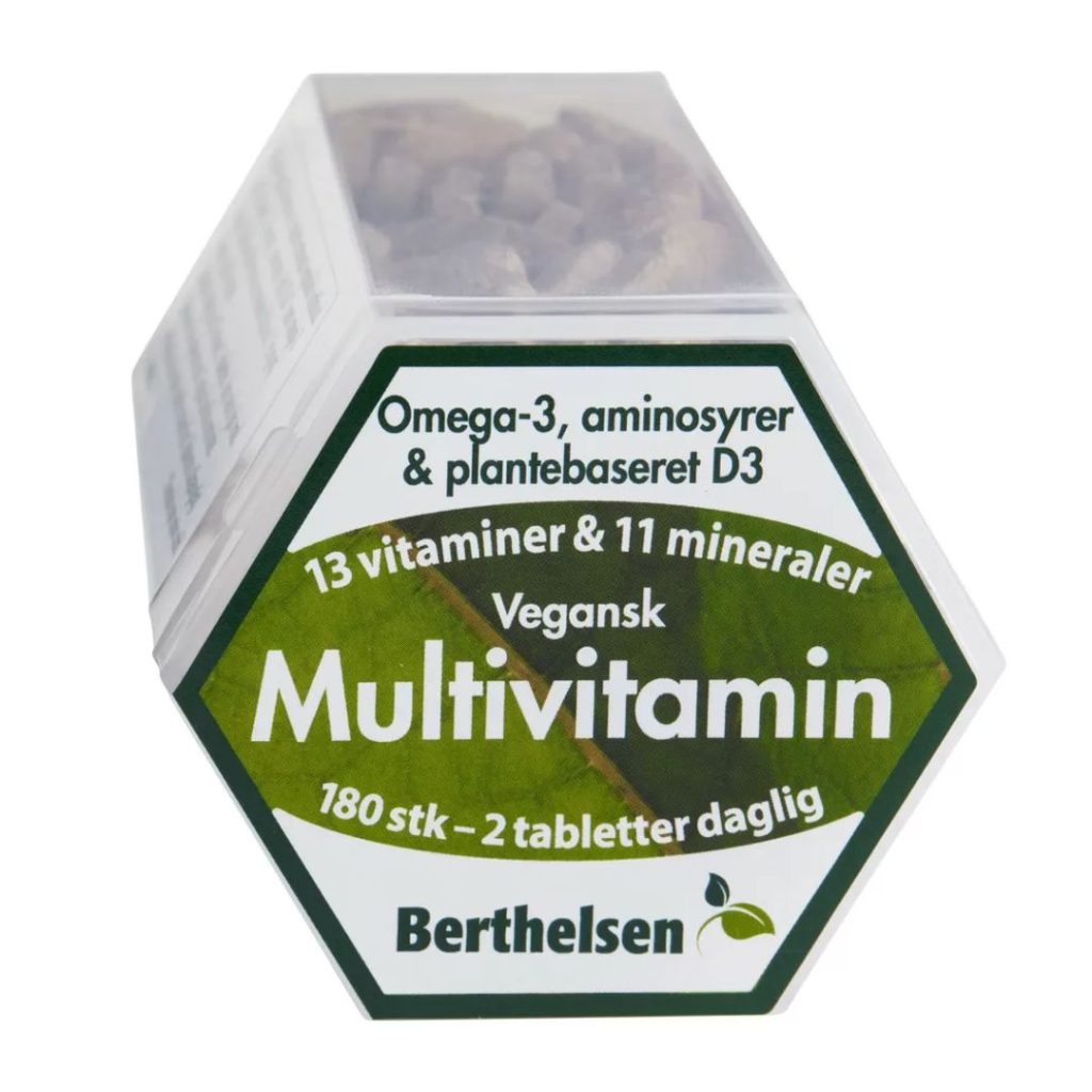 Berthelsen Vegansk Multivitamin-flaske med 180 tabletter.