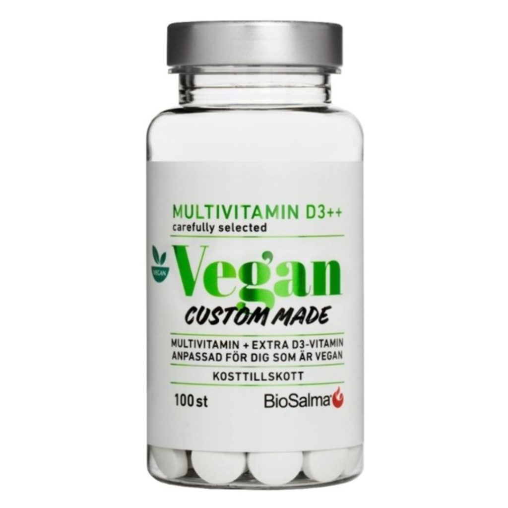 BioSalma Multivitamin Vegan D3++ beholder med 100 tabletter.
