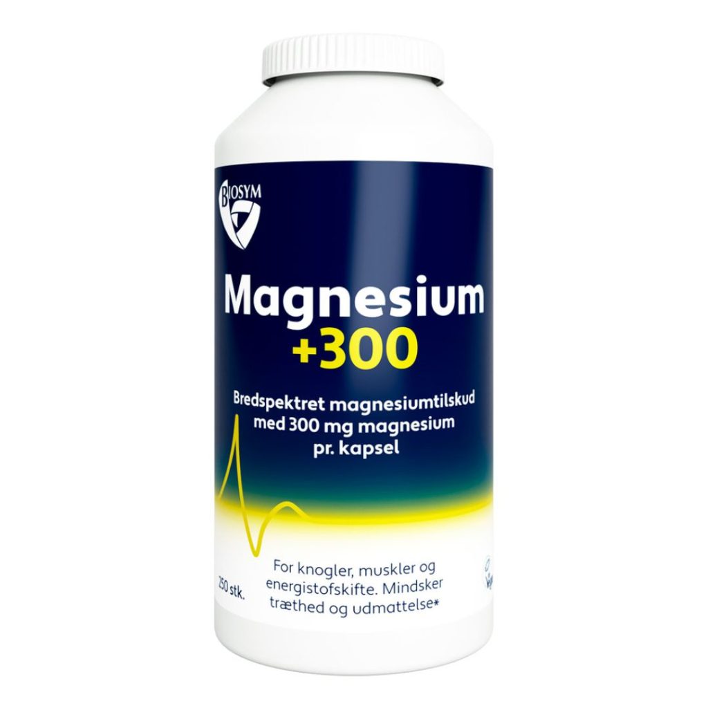 Flaske med Biosym Magnesium +300 kosttilskud, 250 kapsler.