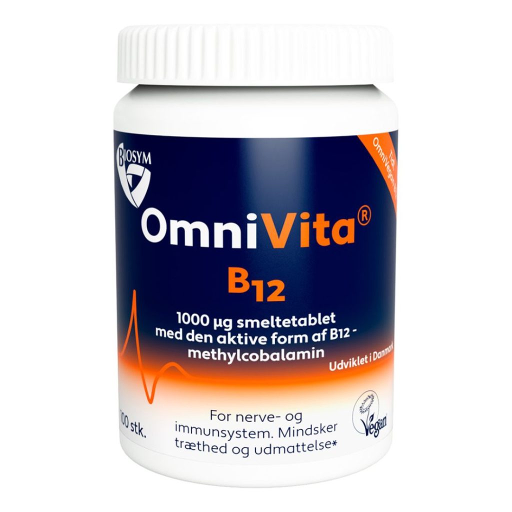 En flaske Biosym OmniVita B12 smeltetabletter.