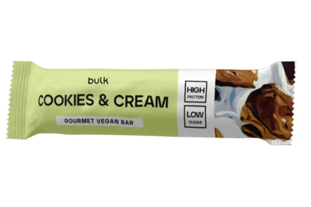 Bulk Gourmet vegansk proteinbar i indpakning.