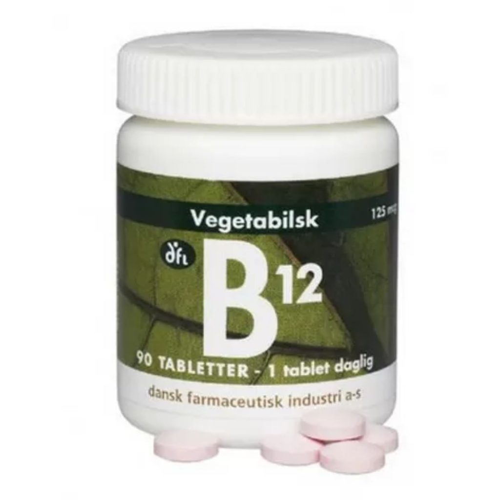 En flaske DFI Grønne Vitaminer B12-vitamin 125 mcg tabletter.