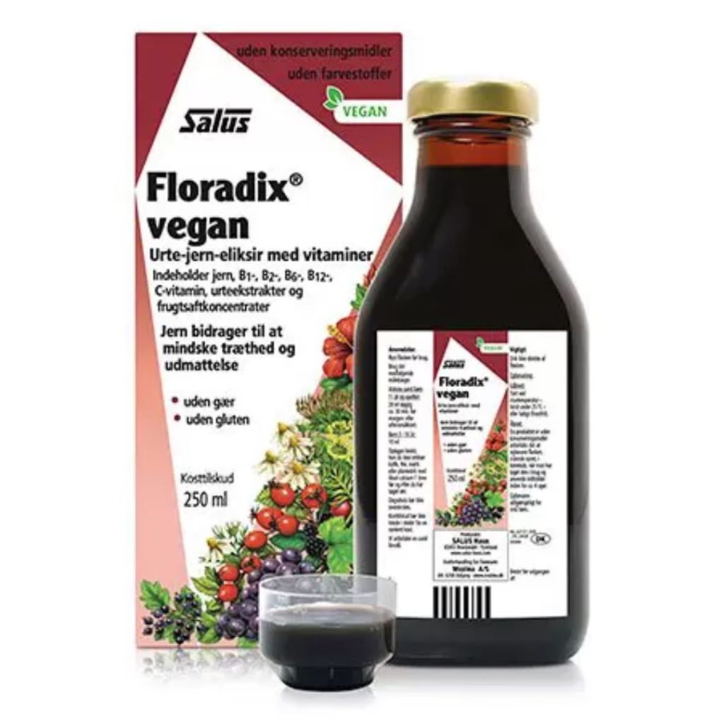 Billede af Floradix Vegan flydende jerntilskud i en glasflaske.