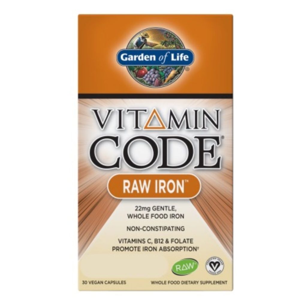Billede af Garden of Life Vitamin Code RAW Iron kosttilskud i sin emballage.