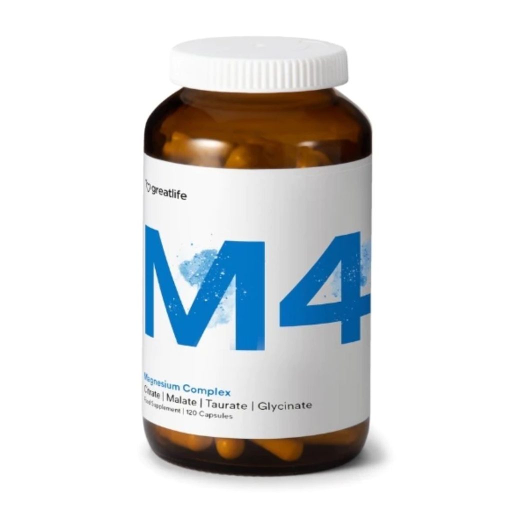 Flaske med Greatlife Magnesium M4 kosttilskud, 120 kapsler.
