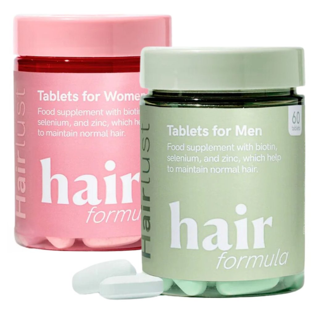Bøtter af Hairlust Hair Formula Tablets for Women og Men side om side.