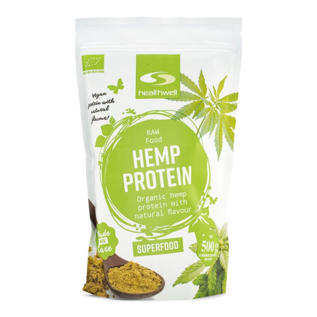 En pakke Healthwell Hampaprotein ØKO på en lys bordplade.