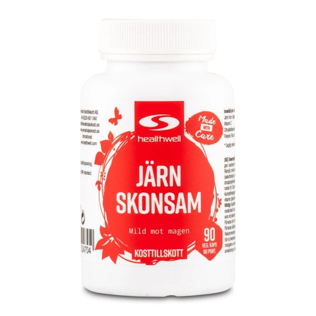Billede af Healthwell Jern skånsom kosttilskud i en hvid beholder.