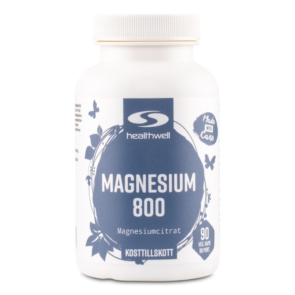 Healthwell Magnesium 800 i en hvid beholder.