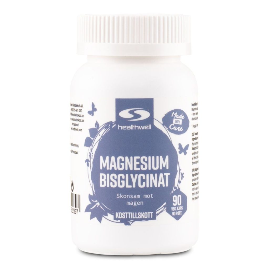 Healthwell Magnesium Bisglycinat i en hvid beholder med grøn etiket.