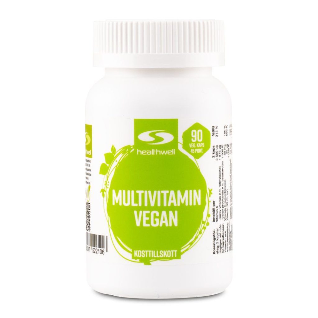 Healthwell Multivitamin Vegan-flaske med veganske kapsler.