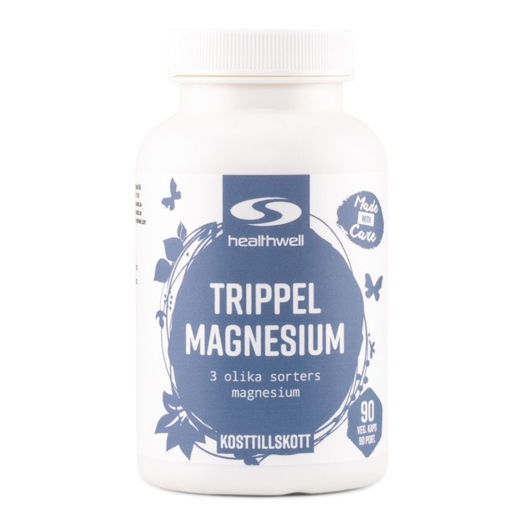 Healthwell Trippel Magnesium kapsler i en hvid beholder.