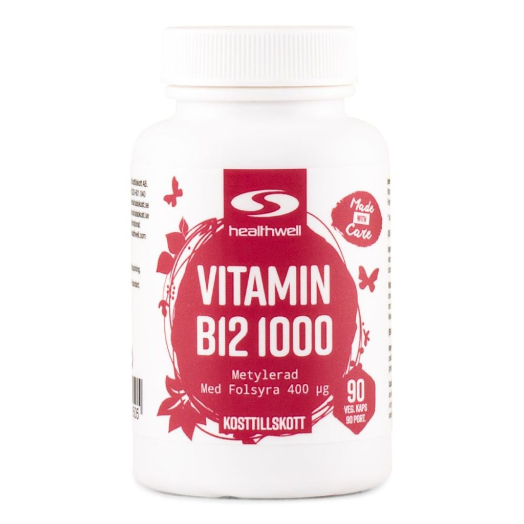 En flaske Healthwell Vitamin B12 1000 Methyl tabletter.