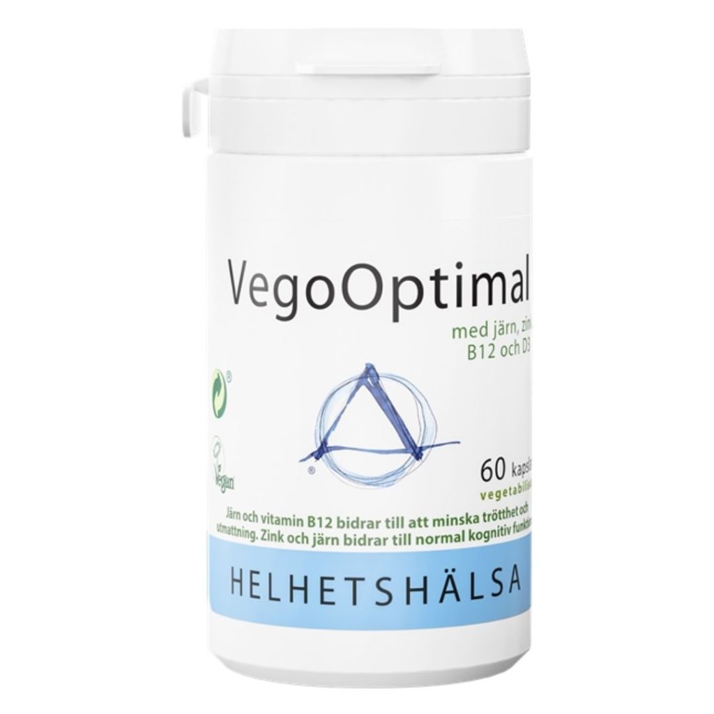 Helhetshälsa VegoOptimal-flaske med veganske kapsler.