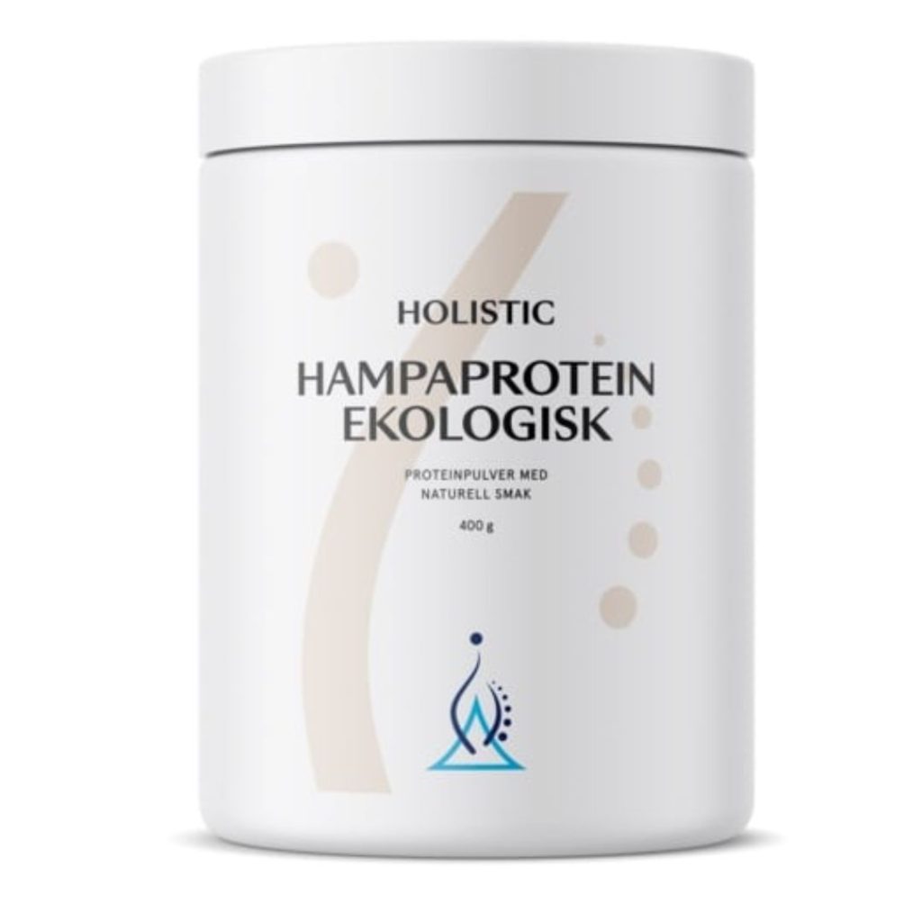 Holistic Hampaprotein i en hvid beholder med grønt logo.