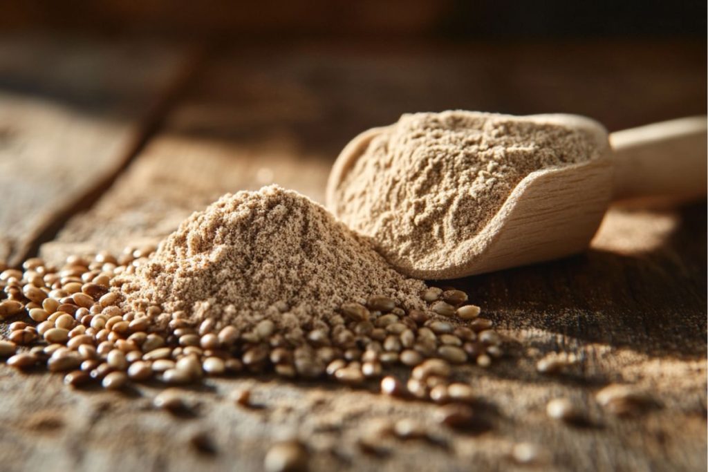 Hampaproteinpulver og hampfrø på en træbordplade med en træske.