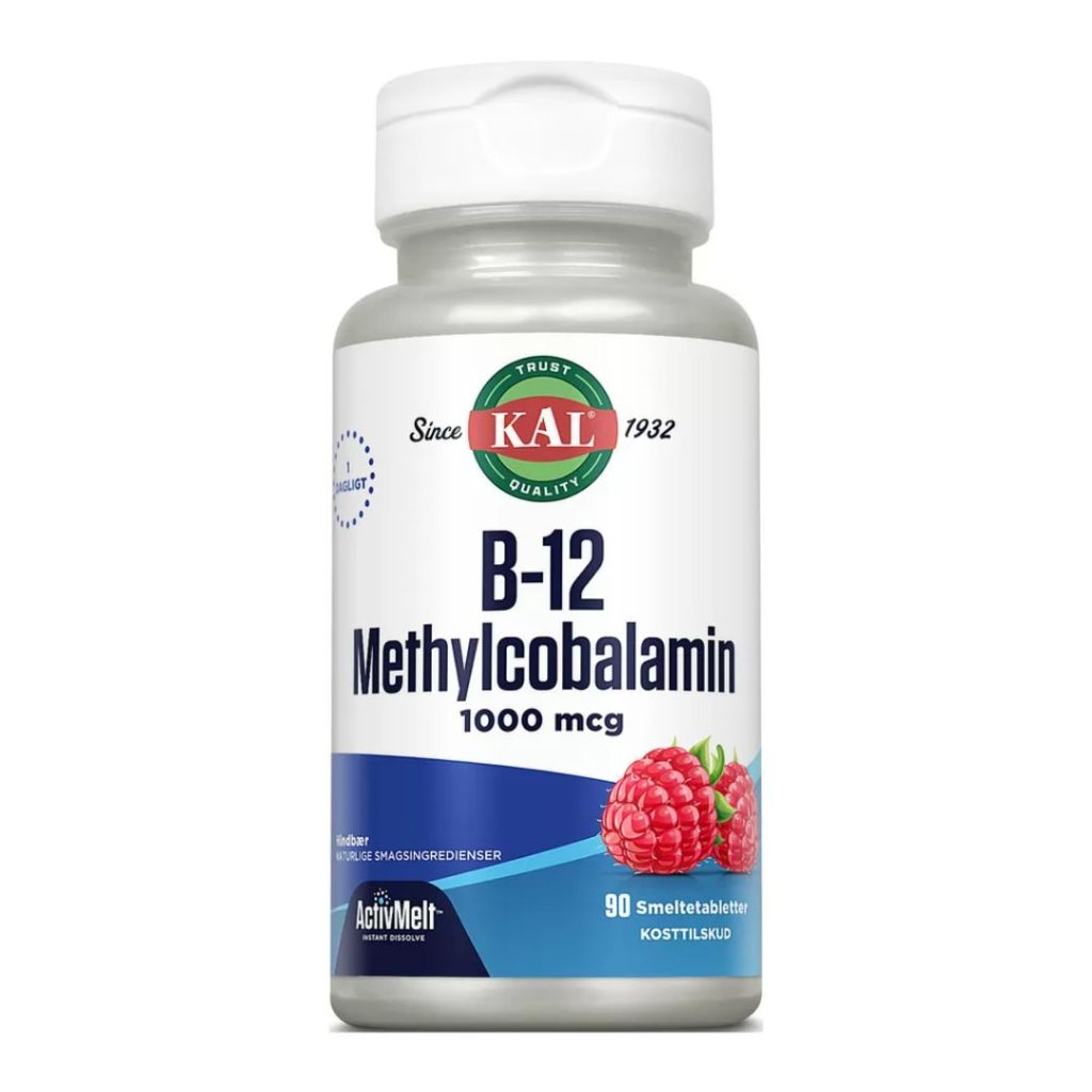 En flaske KAL B-12 Methylcobalamin ActivMelt smeltetabletter.