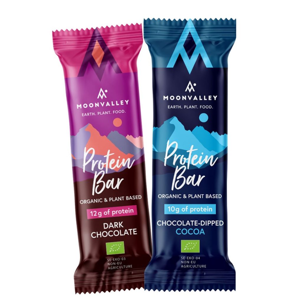 Moonvalley vegansk proteinbar med mørk chokolade.