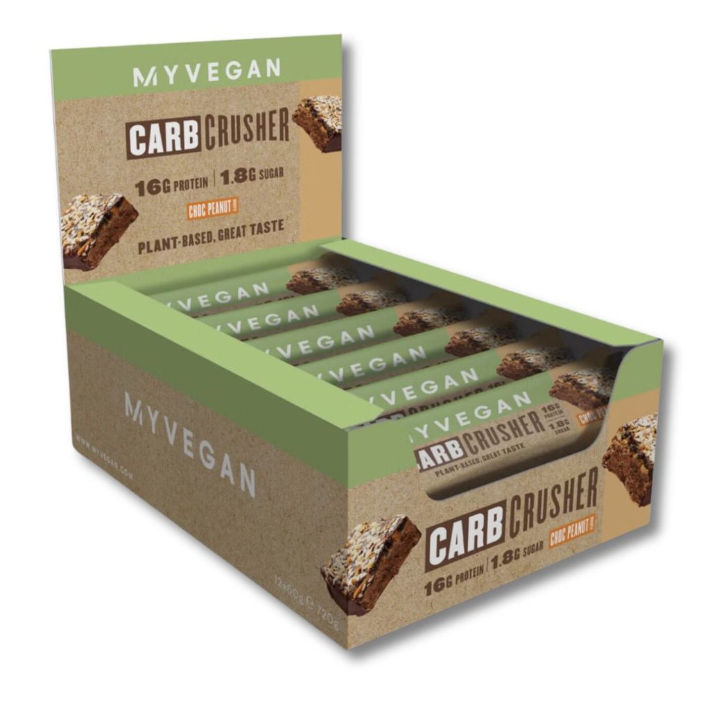 MyProtein vegansk Carb Crusher proteinbar med chokoladeovertræk.