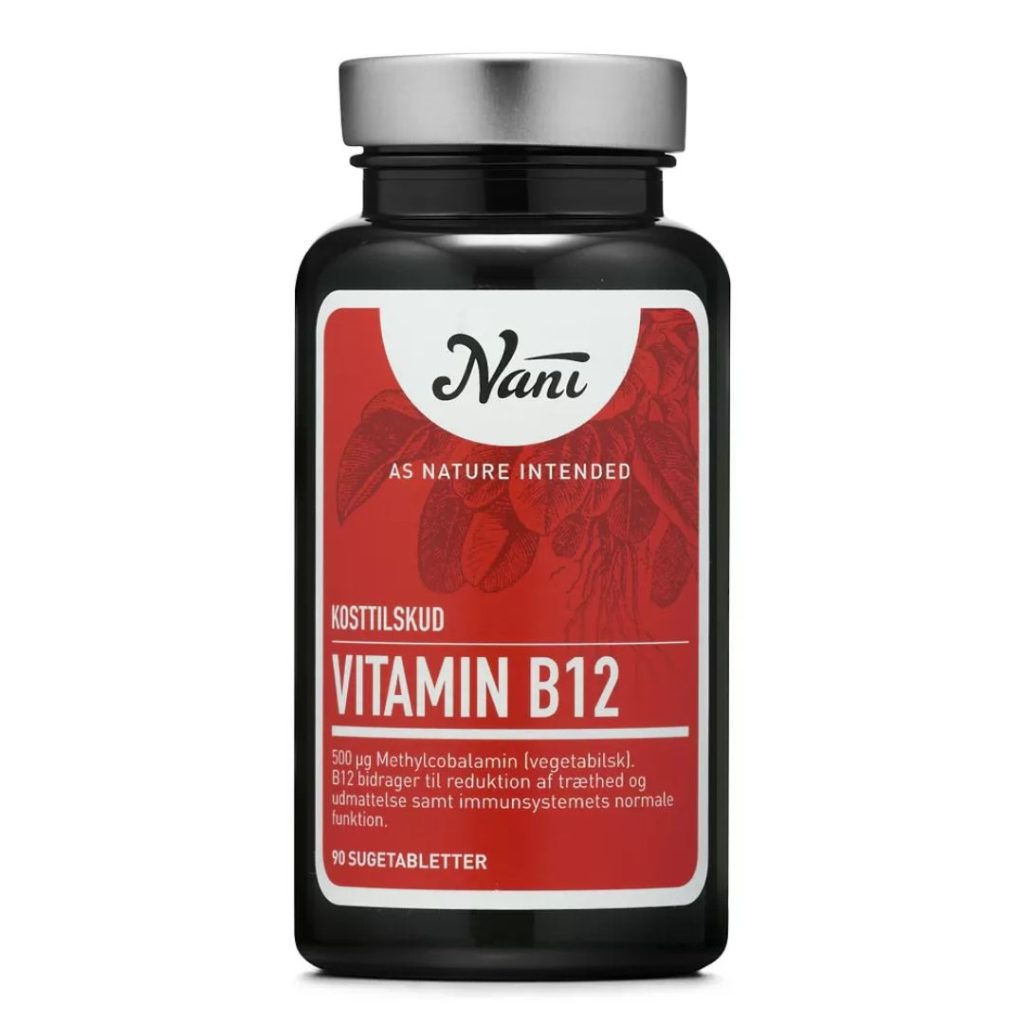 En flaske Nani Vitamin B12 sugetabletter.