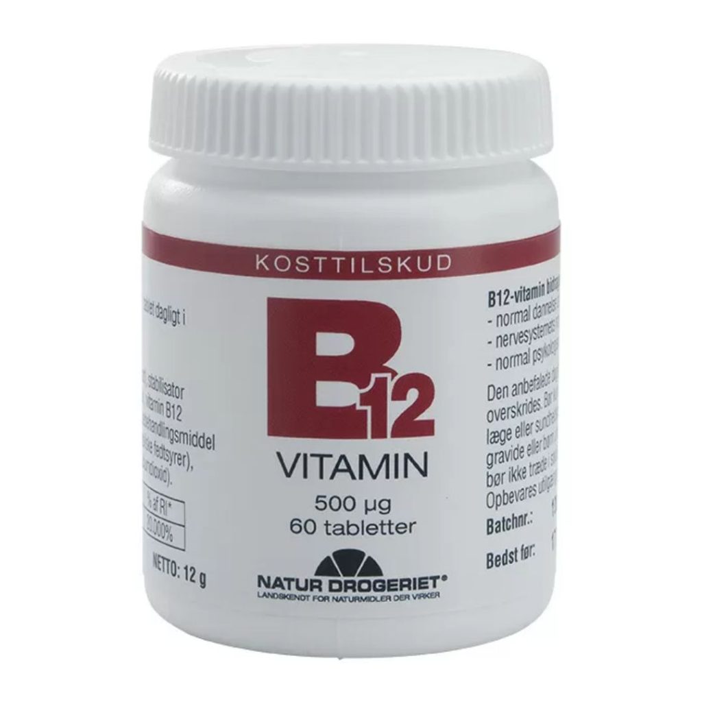 En flaske Natur-Drogeriet B12-vitamin 500 µg tabletter.