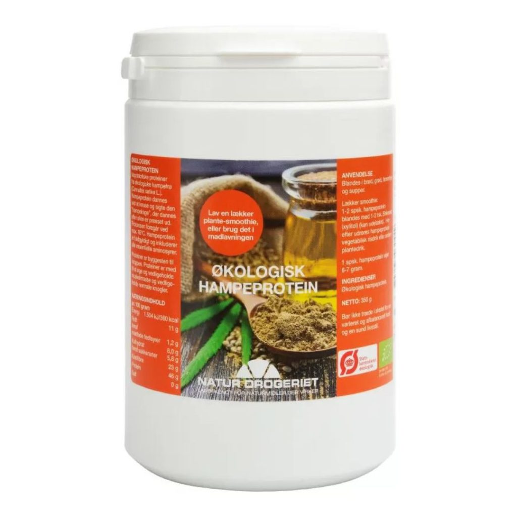 Natur Drogeriet Hampeprotein Complex i en hvid beholder.