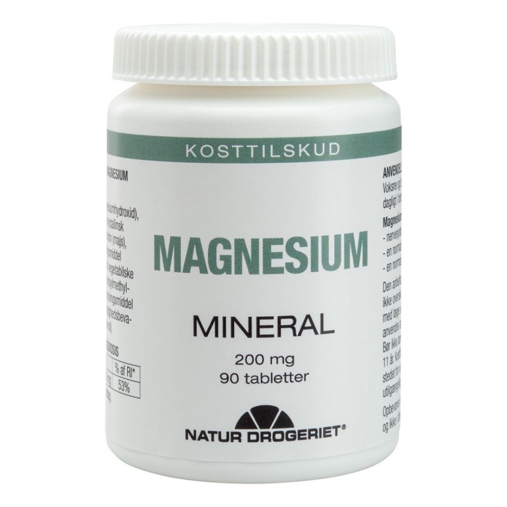 Flaske med Natur-Drogeriet Magnesium kosttilskud, 200 mg, 90 tabletter.