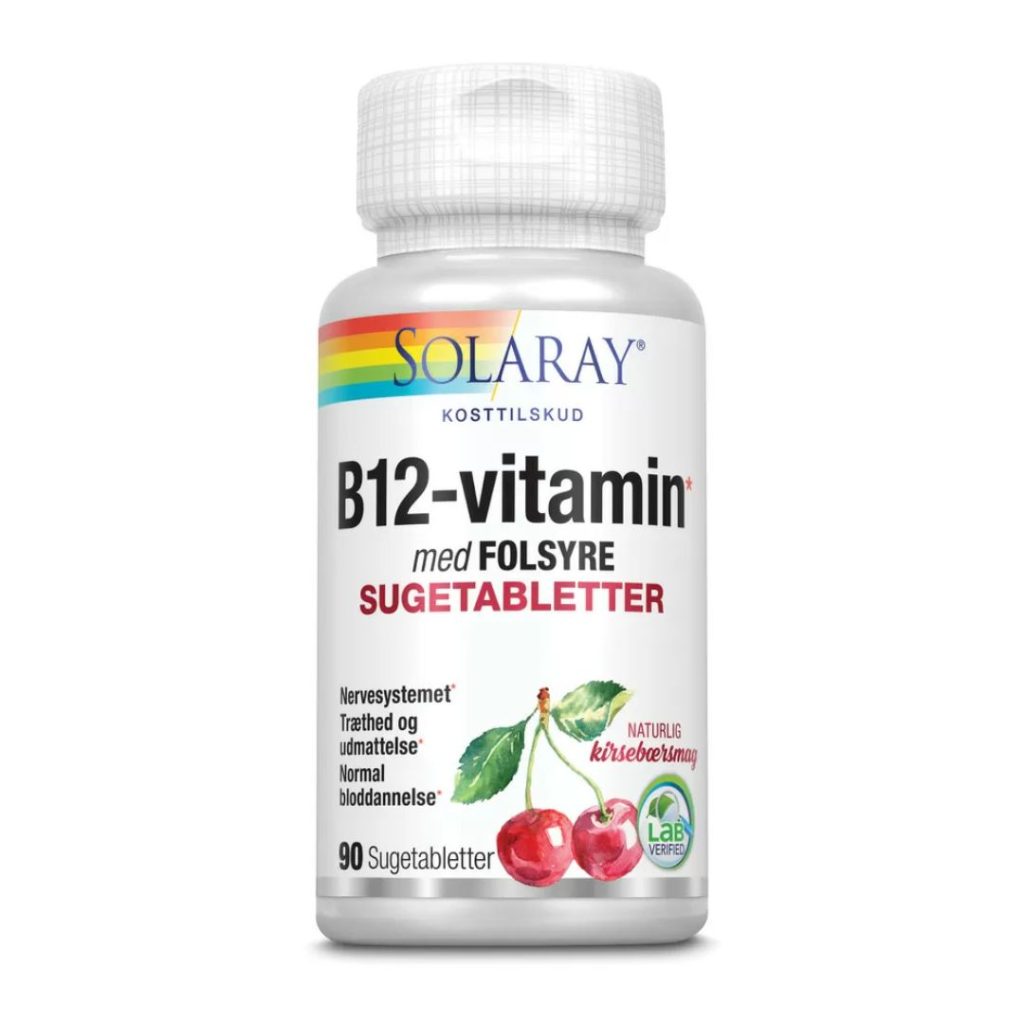 En flaske Solaray B12-vitamin med folsyre sugetabletter.