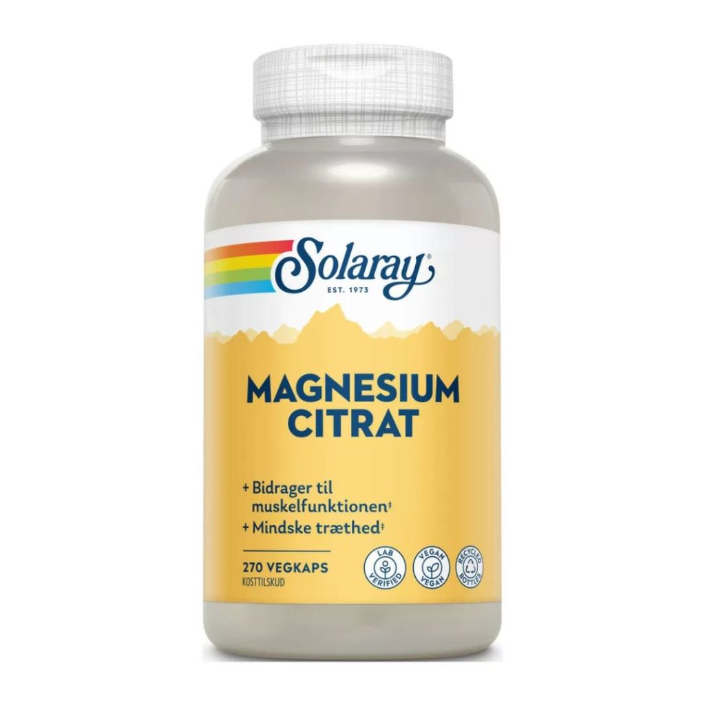 Flaske med Solaray Magnesium Citrat kosttilskud, 270 veganske kapsler.