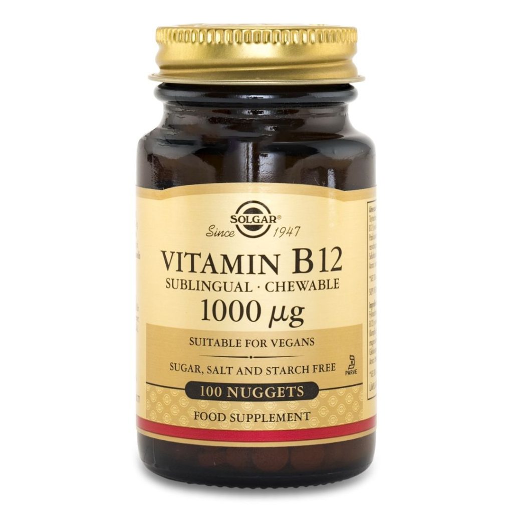 En flaske Solgar Vitamin B12 1000 mcg sugetabletter.