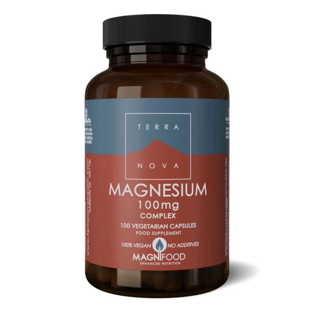 Flaske med TERRANOVA Magnesium 100 mg kosttilskud, 100 vegetabilske kapsler.