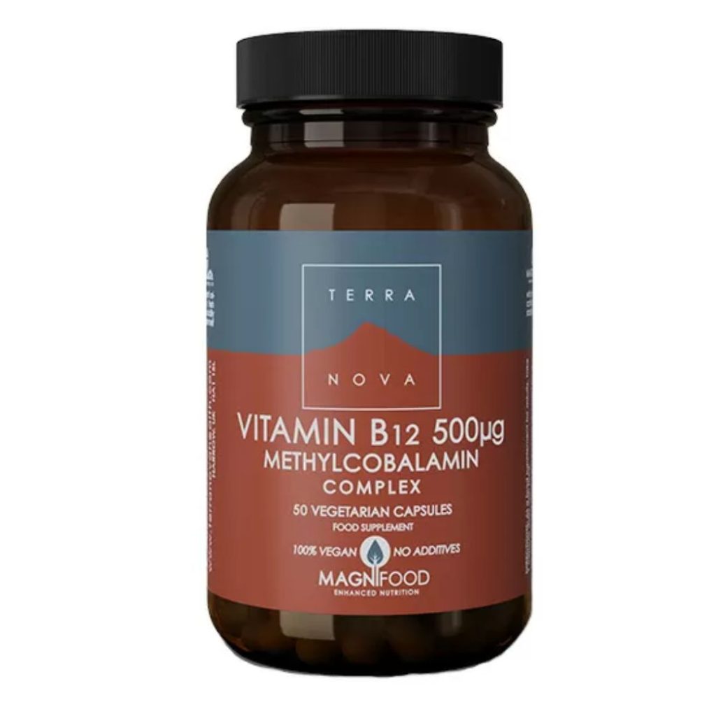 En flaske Terranova Vitamin B12 kapsler.