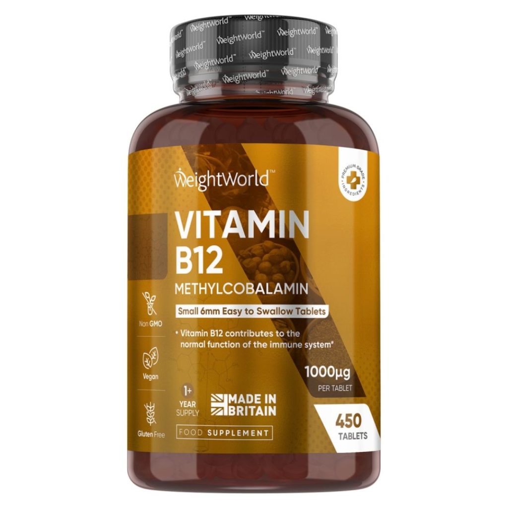 En flaske WeightWorld B12-vitamin 1000 mcg tabletter.