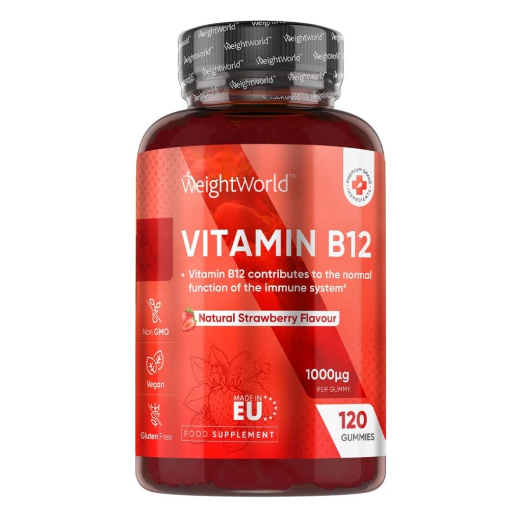 En flaske WeightWorld B12-vitamin vingummier.