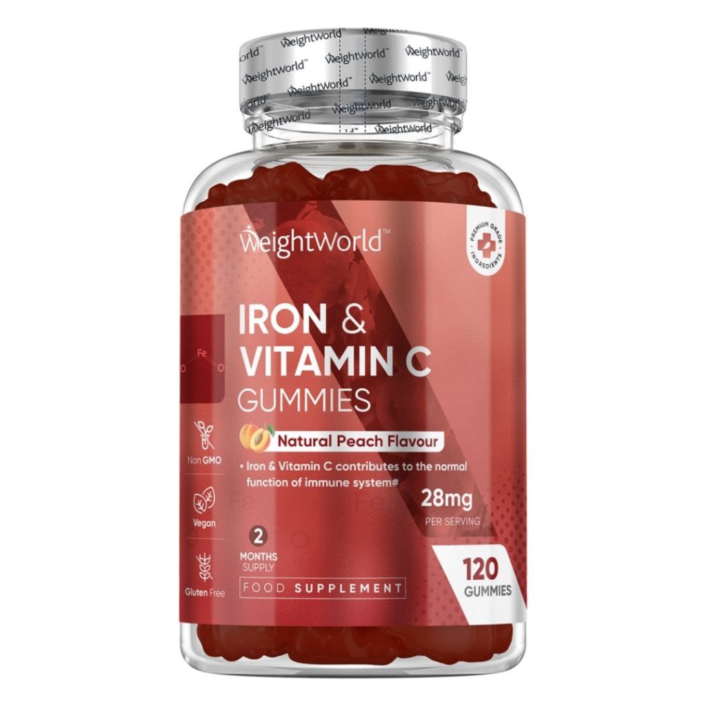 Billede af WeightWorld Iron & Vitamin C Gummies med 120 gummies i en beholder.