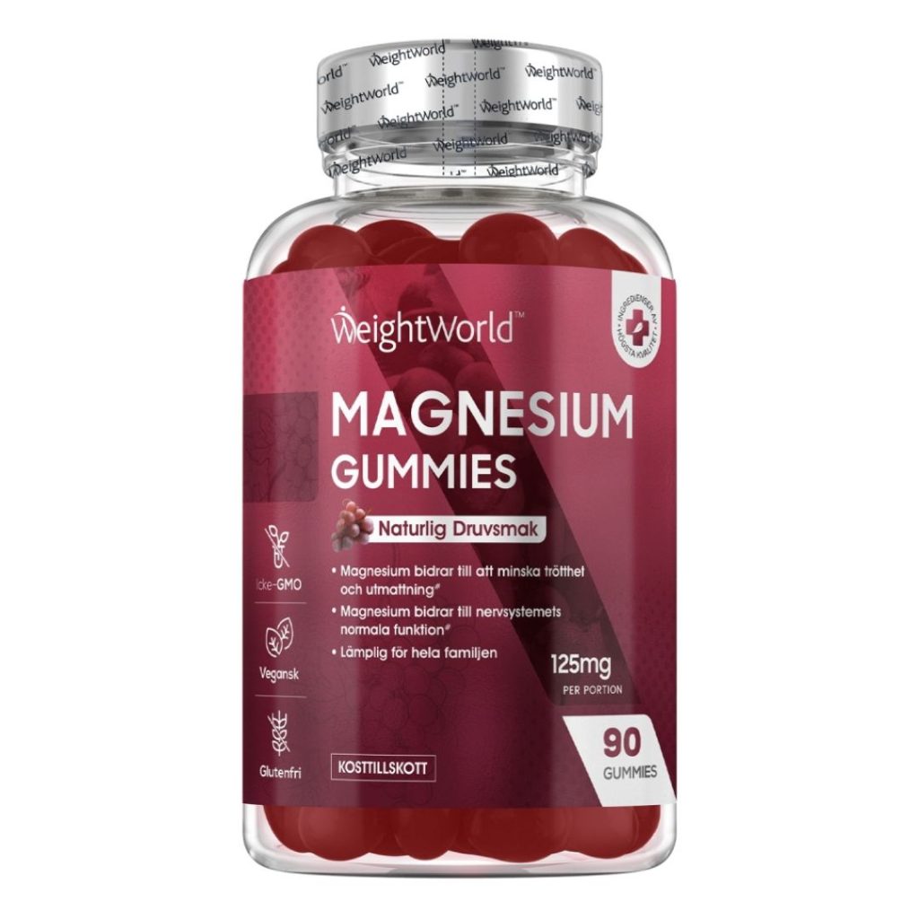 WeightWorld Magnesium Gummies i en klar beholder med farverige gummies.