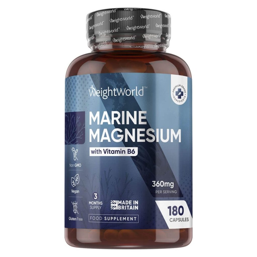WeightWorld Marin Magnesium + Vitamin B6 kapsler i en blå og hvid beholder.