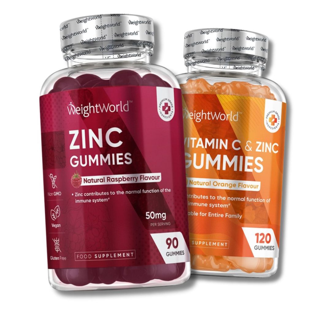 To forskellige WeightWorld zinkgummies, en med hindbærsmag og en med appelsinsmag, begge i flasker.