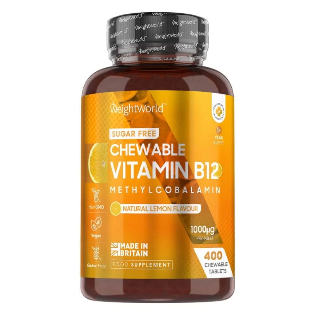 En flaske WeightWorld Vitamin B12 tyggetabletter.