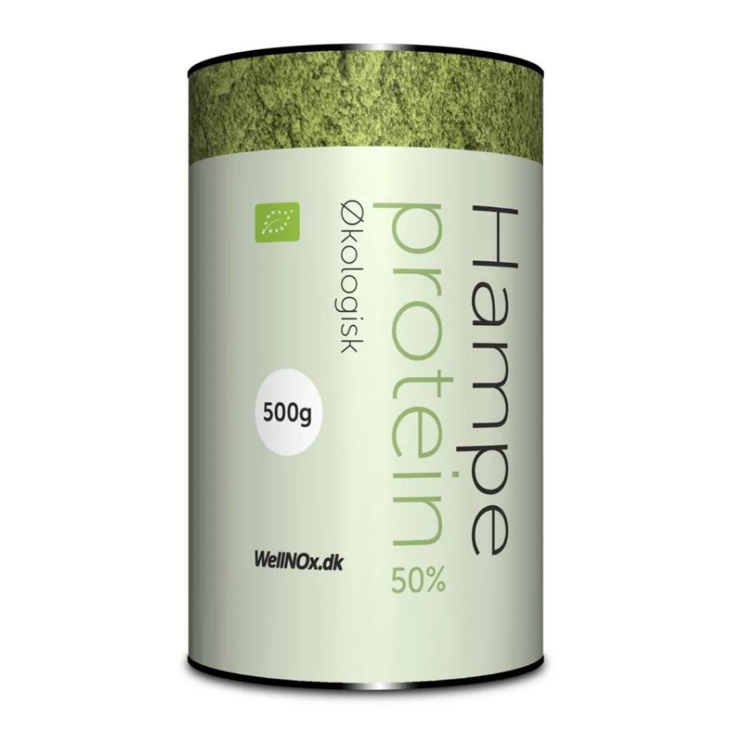 WellNOx Hampeprotein 50% Ø i en pakke på et køkkenbord.