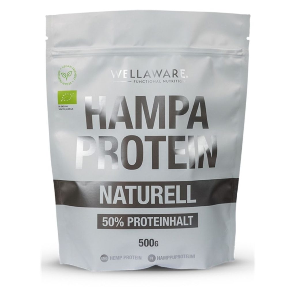 Wellaware Økologisk Hampaprotein i en sort pose på en lys baggrund.