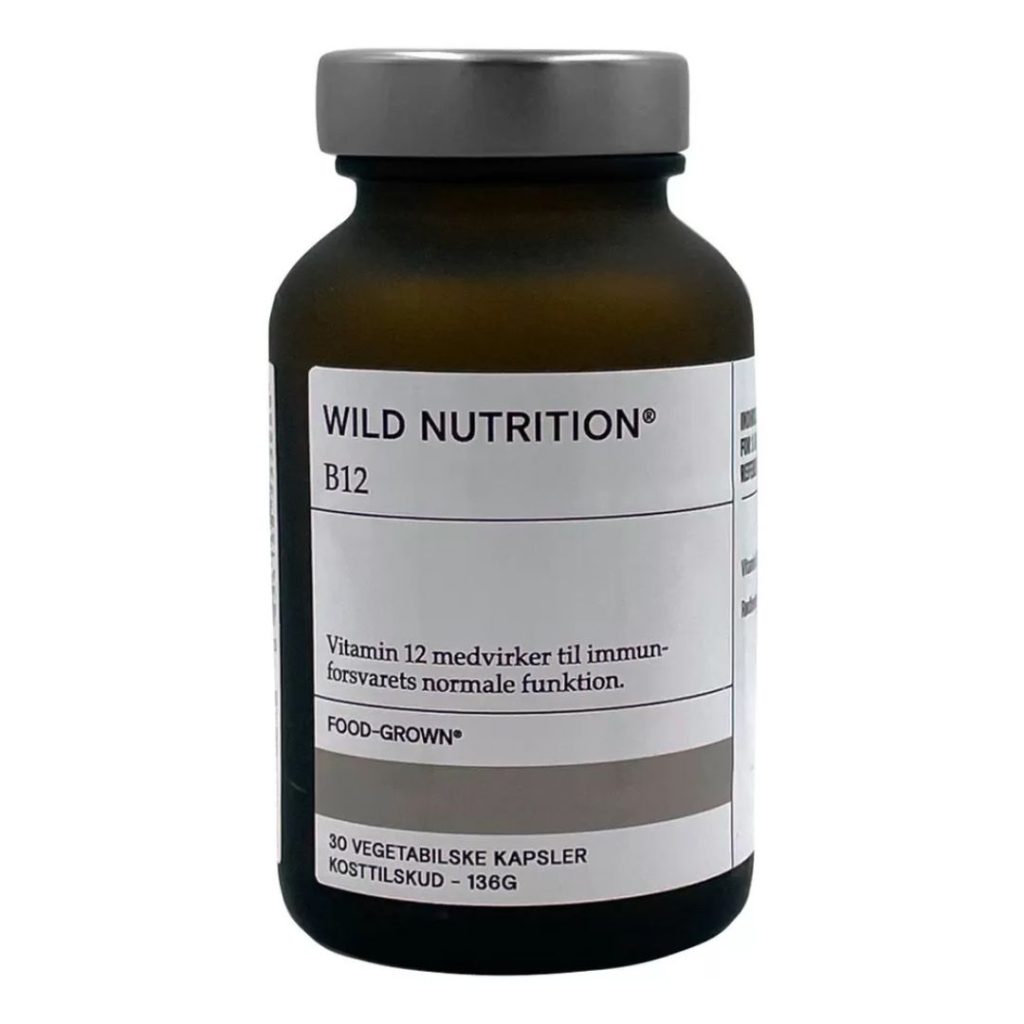 En flaske Wild Nutrition Vitamin B12 Plus kapsler.